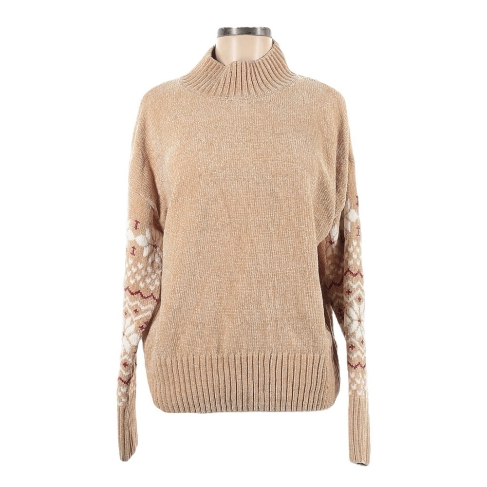 Christian Siriano New York Chenille Sweater Size M NWT Tan Fair Isle Mock Neck